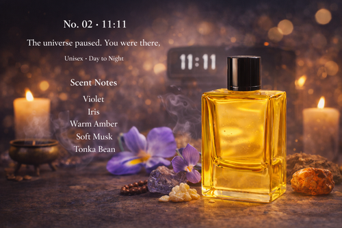 Perfume bottle with floral elements and text on a dark background