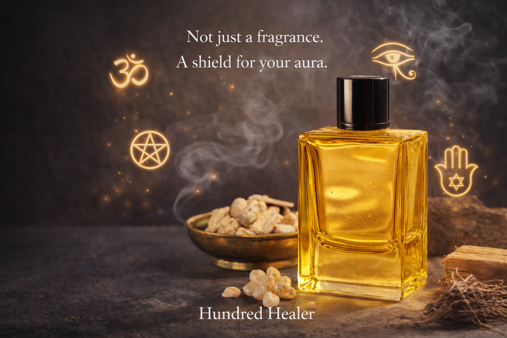 Gold bottle of Hundred Healer with incense and symbols on a dark background