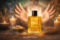Bottle of 'Hundred Healer' with hands outstretched, candles, and a Buddha statue in a mystical setting.