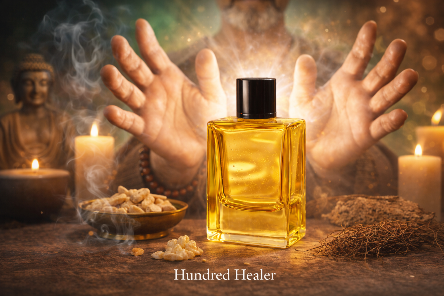 Bottle of 'Hundred Healer' with hands outstretched, candles, and a Buddha statue in a mystical setting.