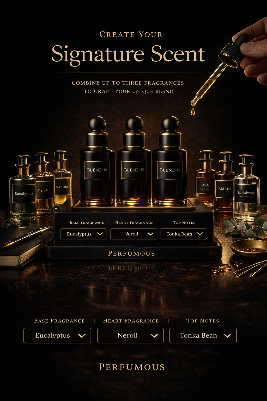 Perfume bottles with a dropper and text on a dark background