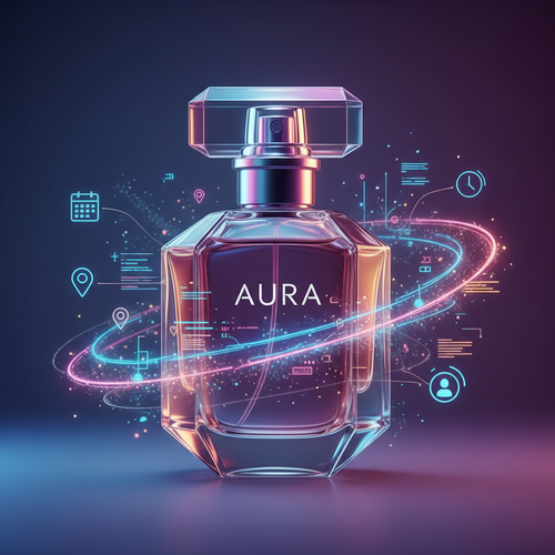 Perfume bottle labeled 'Aura' with futuristic design elements on a dark background
