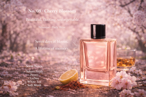 A soft aesthetic photo of Cherry Blossom perfume among pink flower petals - delicate floral fragrance for women.