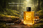 A bottle of Forest Oudh perfume placed on natural wood and moss - grounding earthy fragrance.