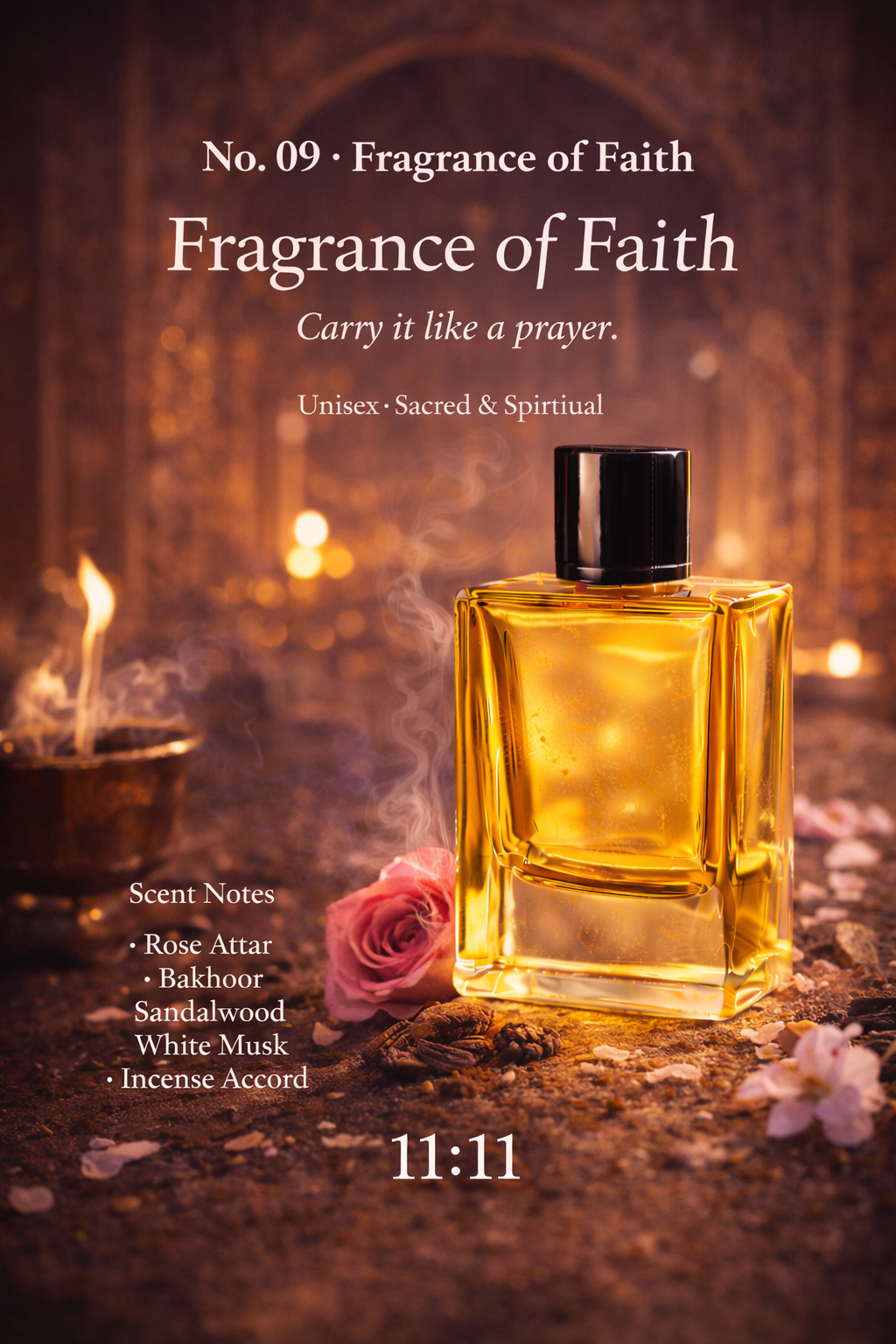 Perfume bottle labeled 'Fragrance of Faith' with incense and rose on a dark background