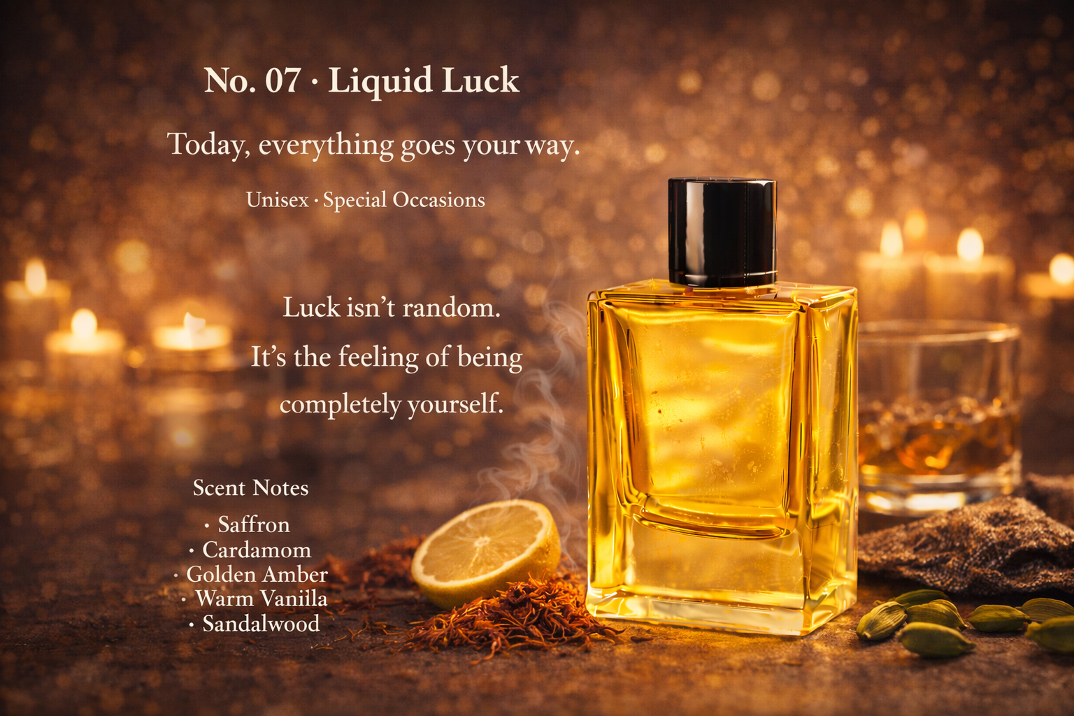 Liquid Luck by Perfumous - A luxury unisex perfume with Saffron, Cardamom, and Golden Amber notes.