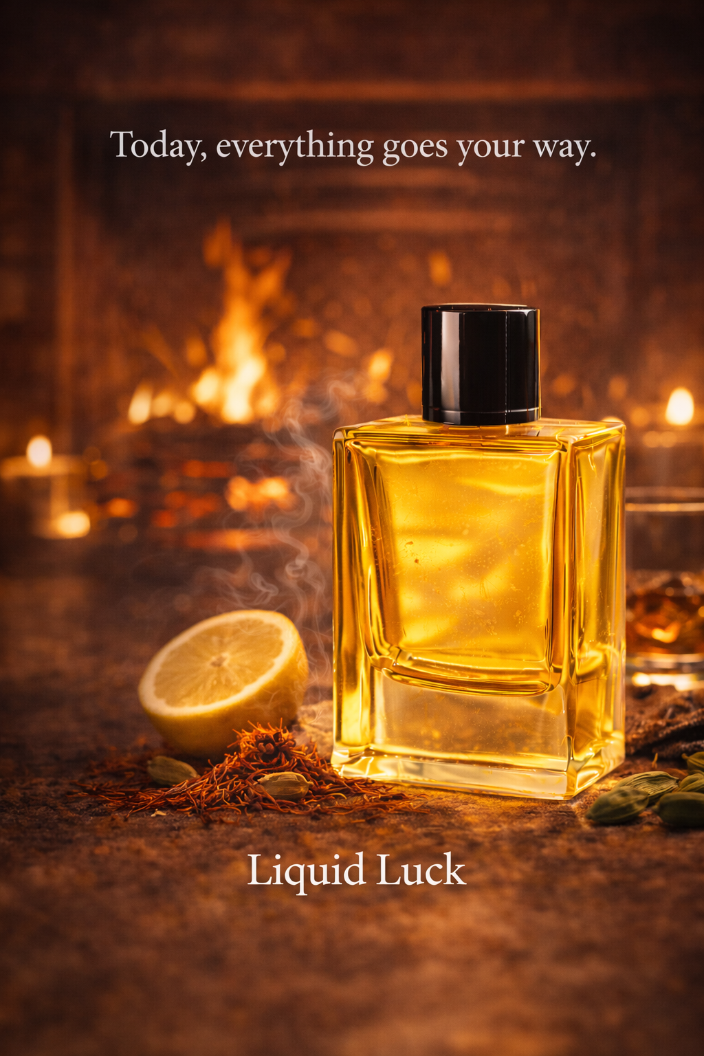 A golden-themed perfume bottle of Liquid Luck - luxury fragrance for success and special occasions.