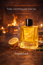 A golden-themed perfume bottle of Liquid Luck - luxury fragrance for success and special occasions.