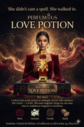 A ruby-red ornate designer bottle of Love Potion Attar by Perfumous, surrounded by rose petals.