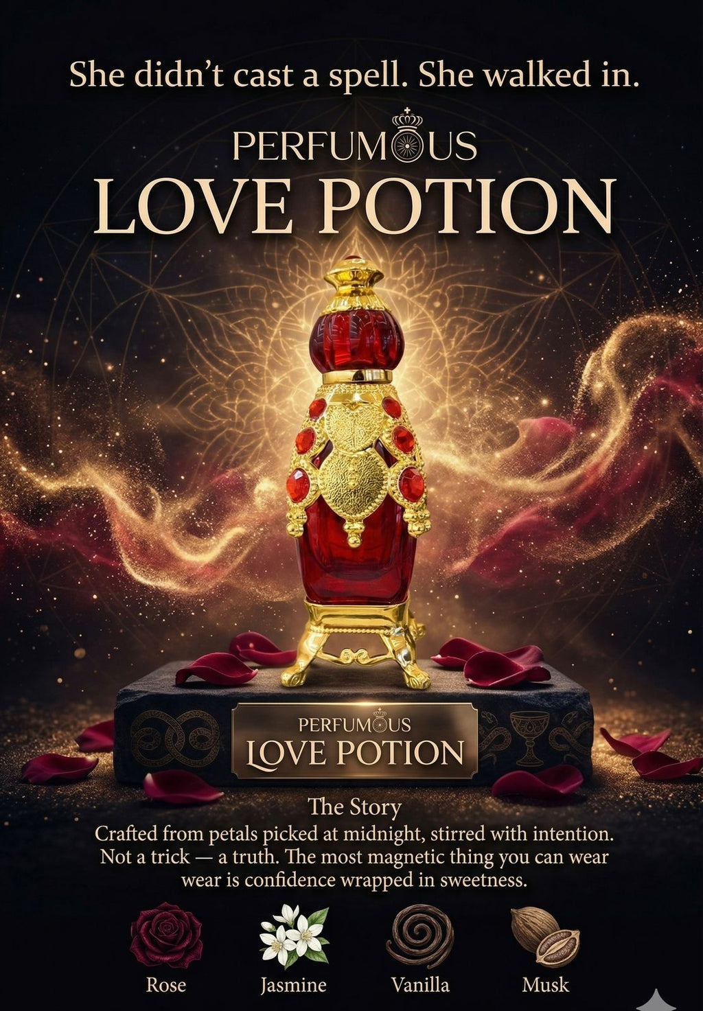 'Perfumous Love Potion' with a magical design
