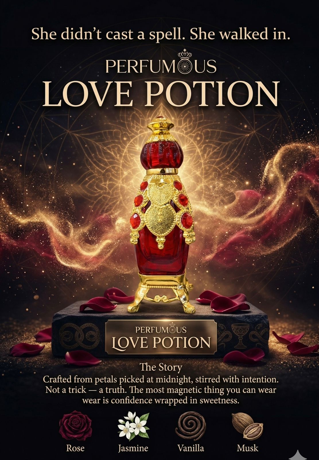 'Perfumous Love Potion' with a magical design