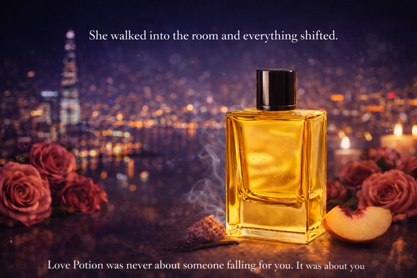 Perfume bottle with roses and candles against a cityscape background