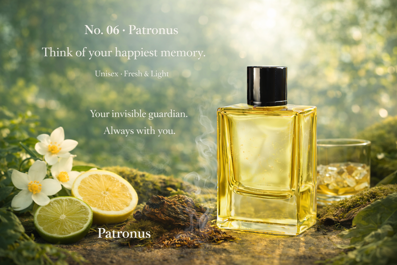 Patronus by Perfumous - A fresh citrus and green tea alcohol-free perfume bottle.
