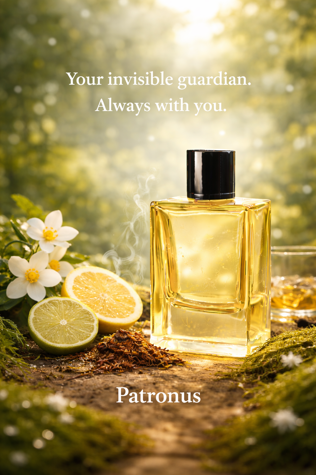 Patronus perfume bottle with lemons and flowers on a natural background
