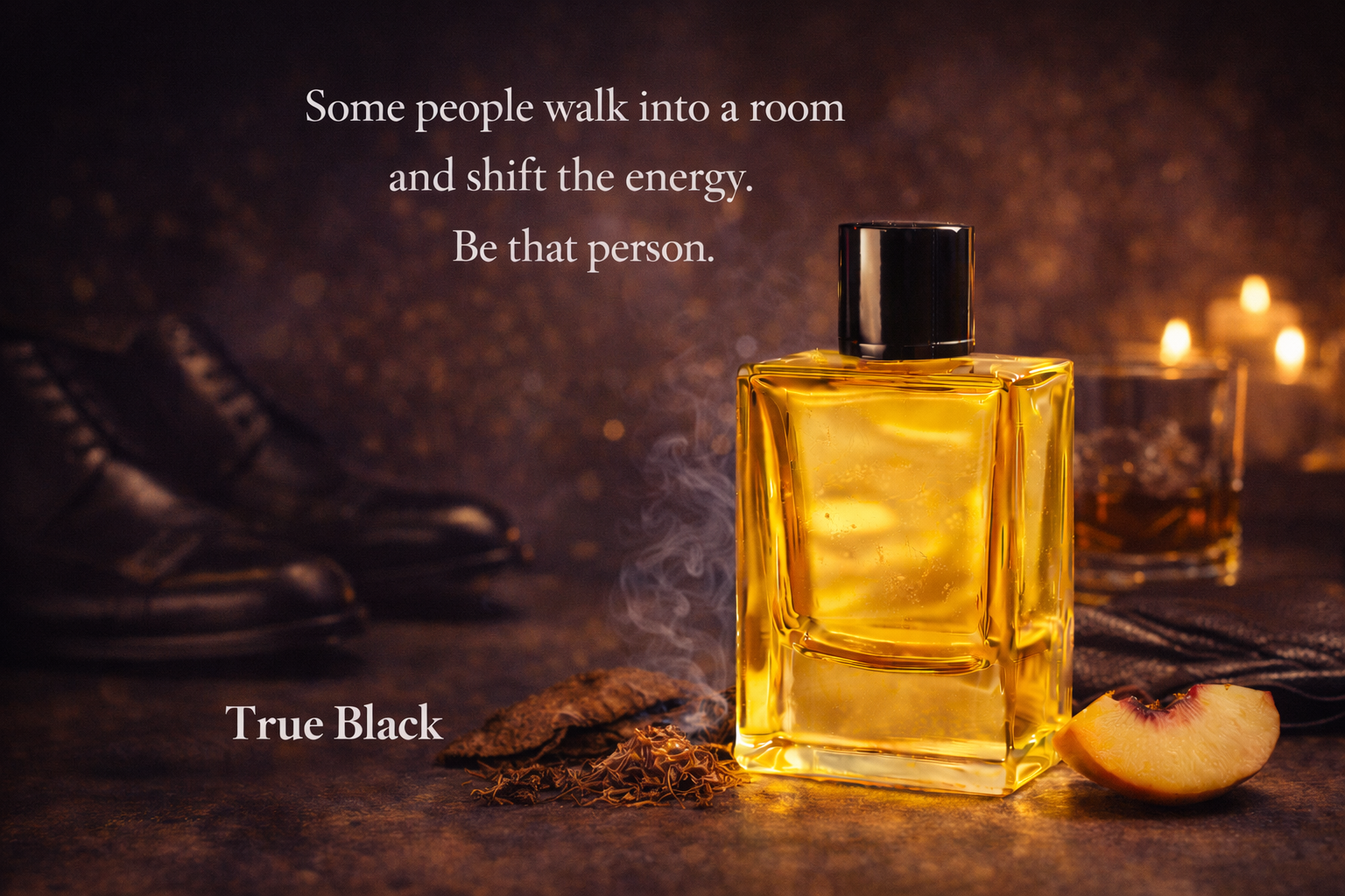 Gold perfume bottle with a quote on a dark background