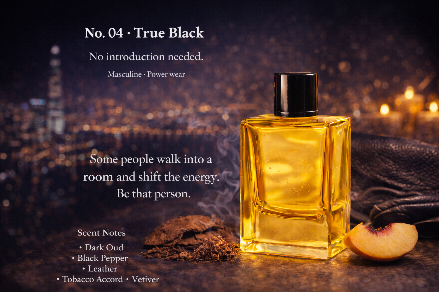 Perfume bottle with scented notes and cityscape background